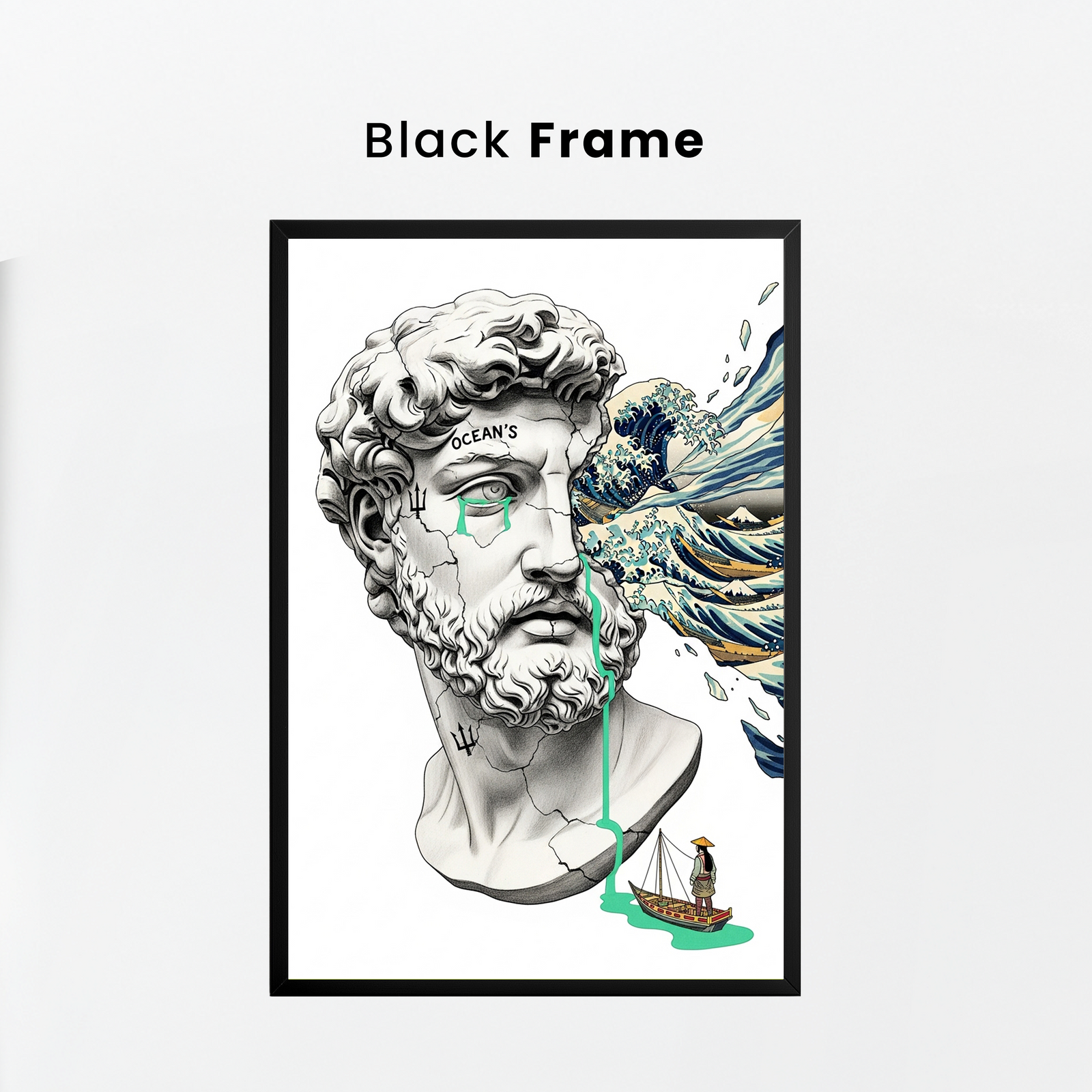 Ocean's Hokusai — Surreal Poseidon Bust Wall Art Print