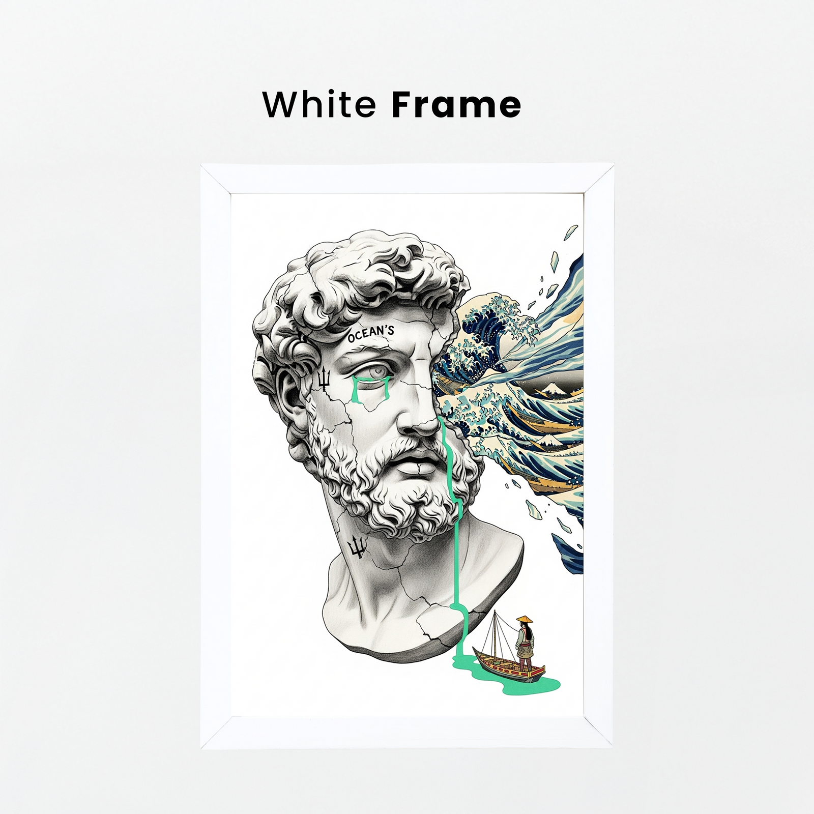 Ocean's Hokusai — Surreal Poseidon Bust Wall Art Print