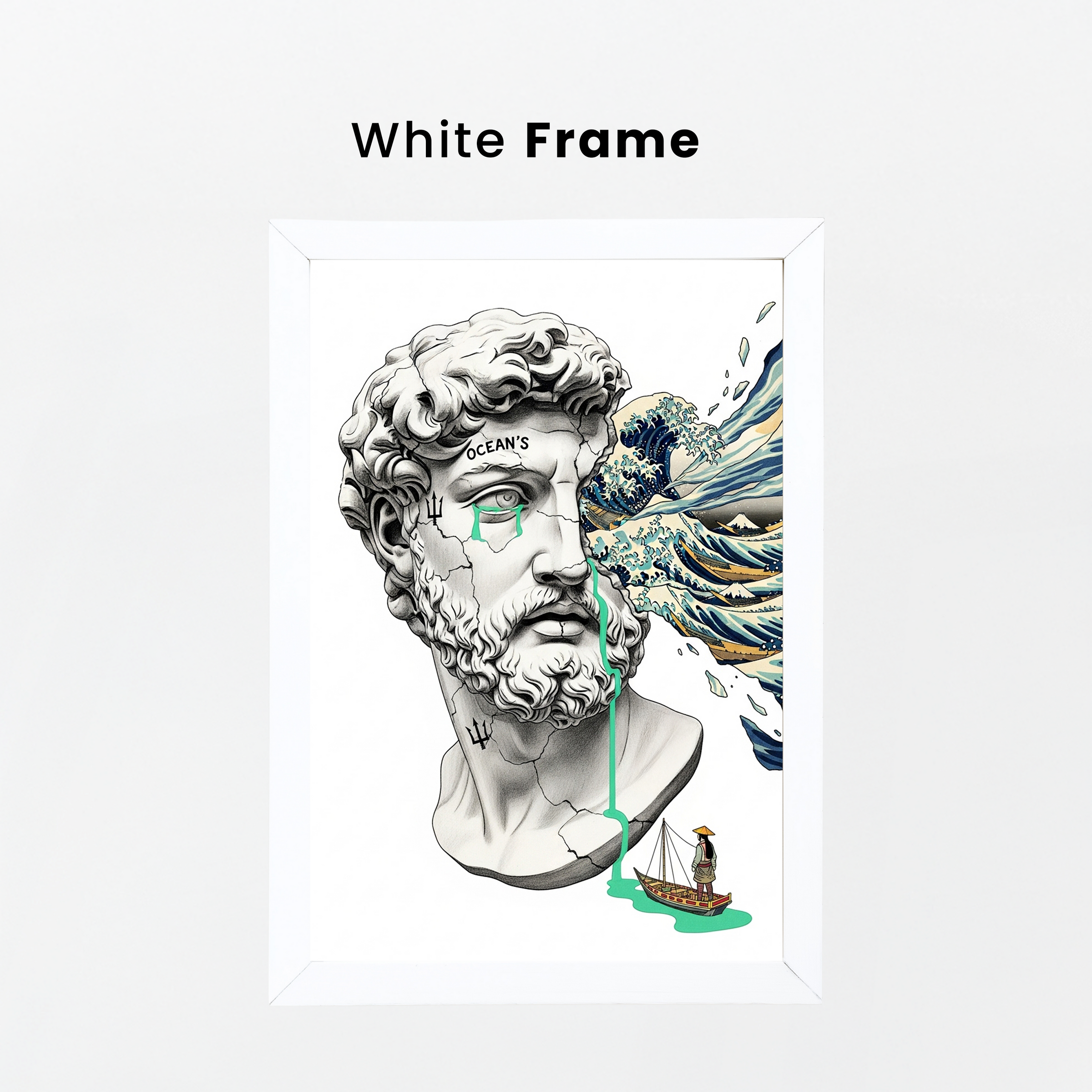 Ocean's Hokusai — Surreal Poseidon Bust Wall Art Print
