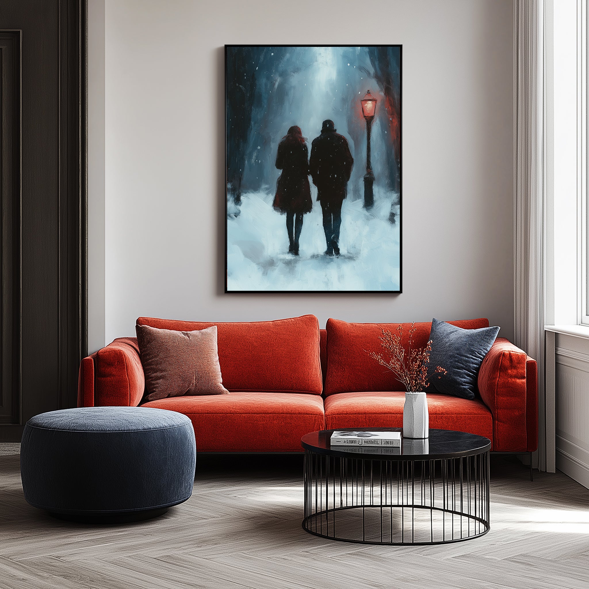 Frosted Steps, Warm Hearts Wall Art Print — Winter Couple Poster