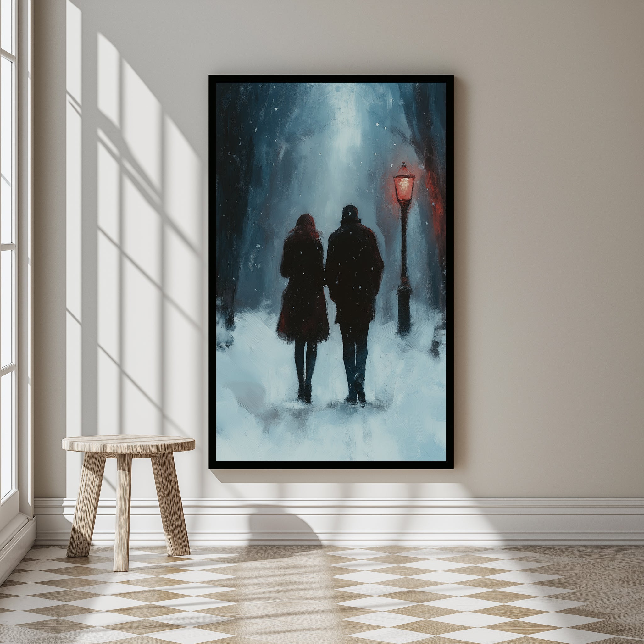 Frosted Steps, Warm Hearts Wall Art Print — Winter Couple Poster
