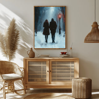 Frosted Steps, Warm Hearts Wall Art Print — Winter Couple Poster