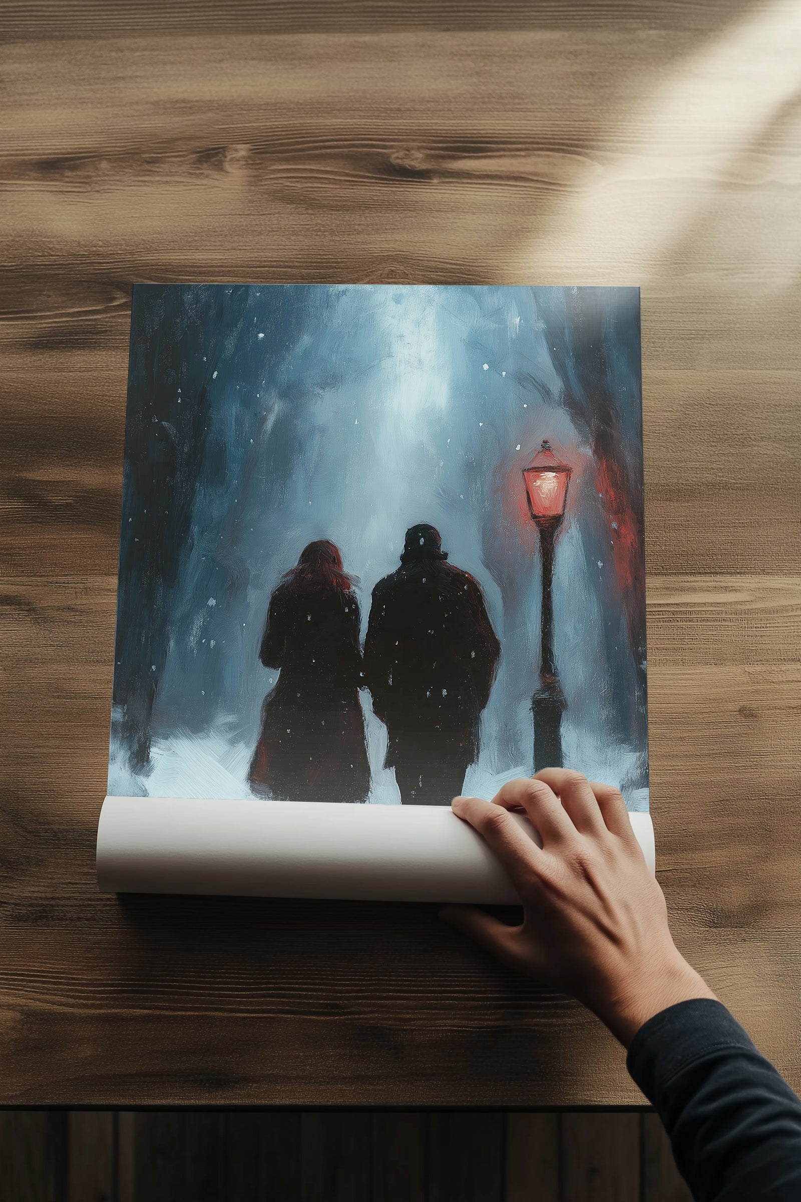 Frosted Steps, Warm Hearts Wall Art Print — Winter Couple Poster