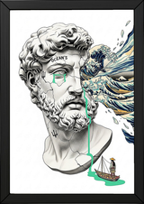 Ocean's Hokusai — Surreal Poseidon Bust Wall Art Print