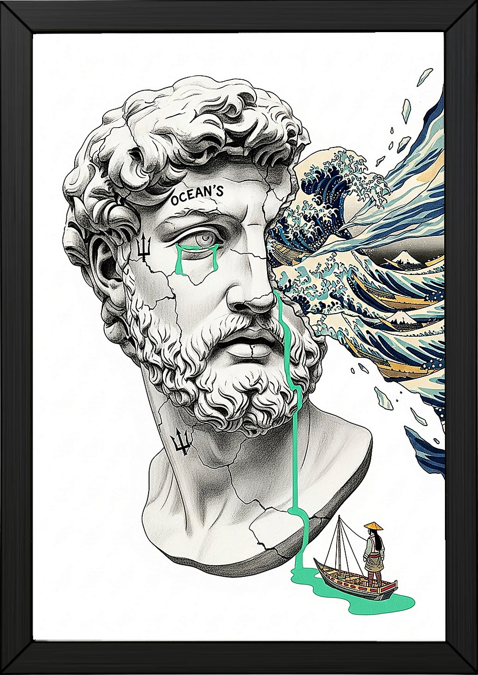 Ocean's Hokusai — Surreal Poseidon Bust Wall Art Print