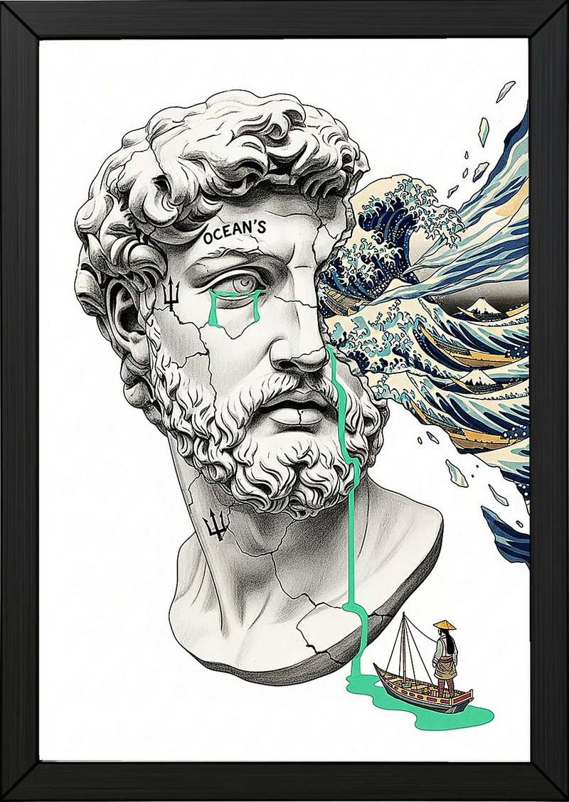 Ocean's Hokusai — Surreal Poseidon Bust Wall Art Print