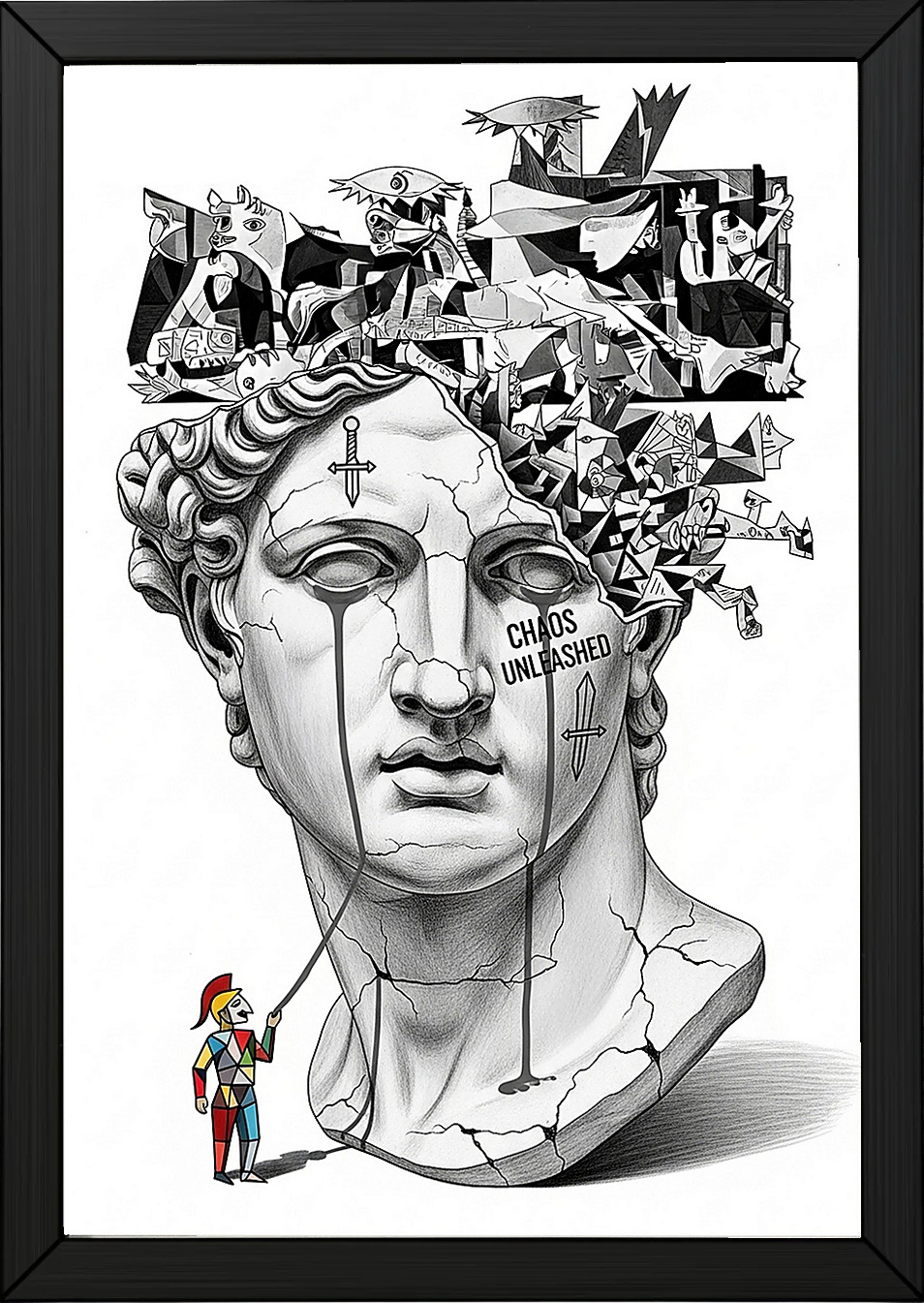 Chaos Unleashed — Surreal David Bust Meets Picasso's Guernica Wall Art Print
