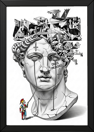 Chaos Unleashed — Surreal David Bust Meets Picasso's Guernica Wall Art Print