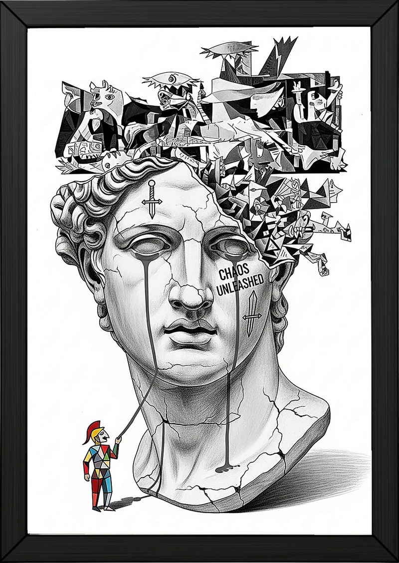Chaos Unleashed — Surreal David Bust Meets Picasso's Guernica Wall Art Print
