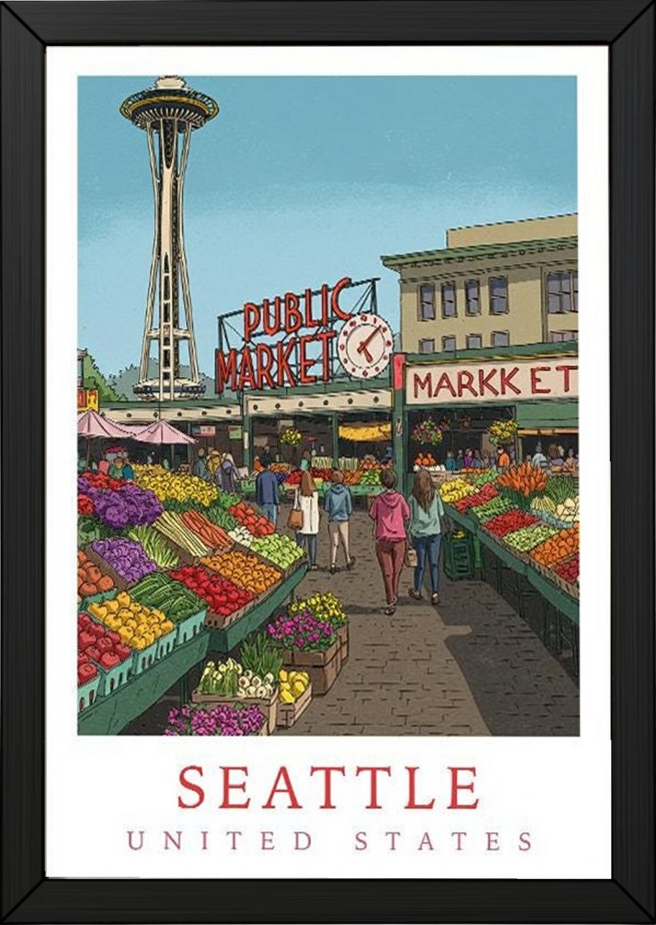 Seattle USA — Pike Place Market Space Needle Wall Art Print