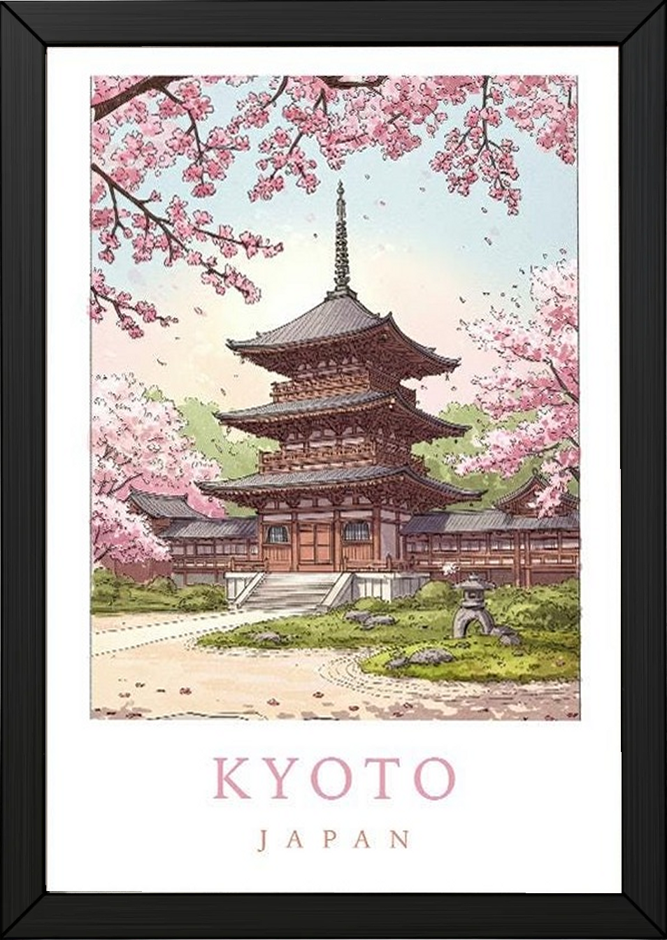 Kyoto Japan Travel Poster — Cherry Blossom Pagoda Temple Print