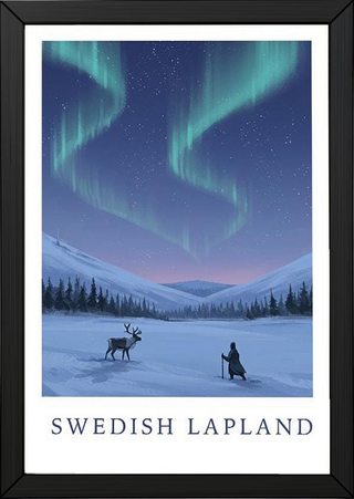 Swedish Lapland Travel Poster — Northern Lights Reindeer Sami Print