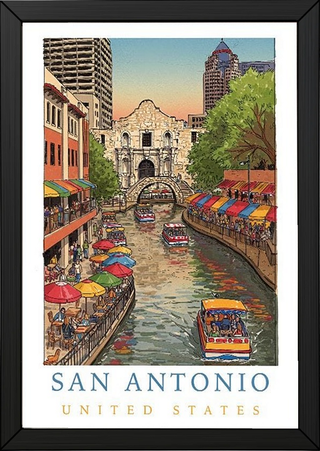 San Antonio Texas Travel Poster — Riverwalk Alamo Cityscape Print