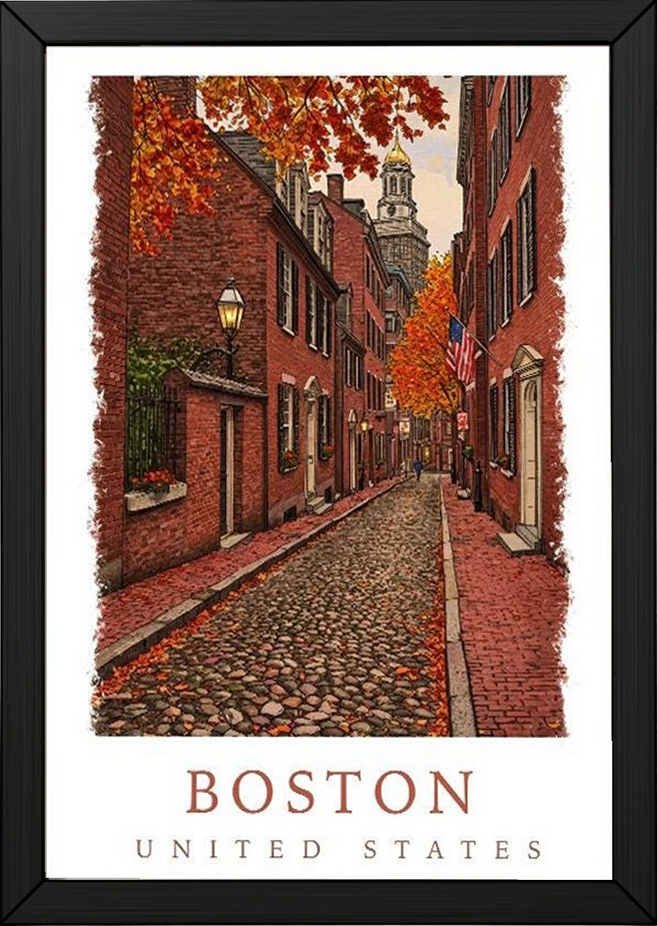 Boston USA Travel Poster — Acorn Street Beacon Hill Fall Foliage Print