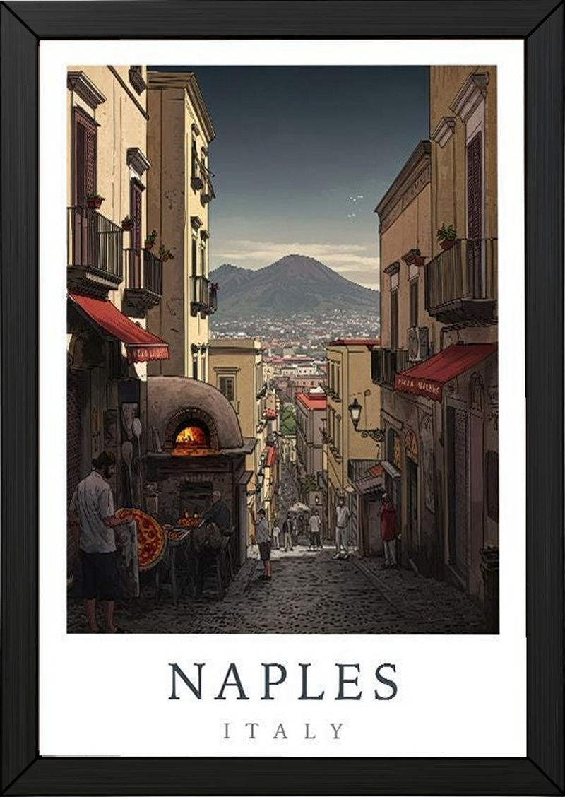 Naples Italy Travel Poster — Vesuvius Pizza Street Scene Print