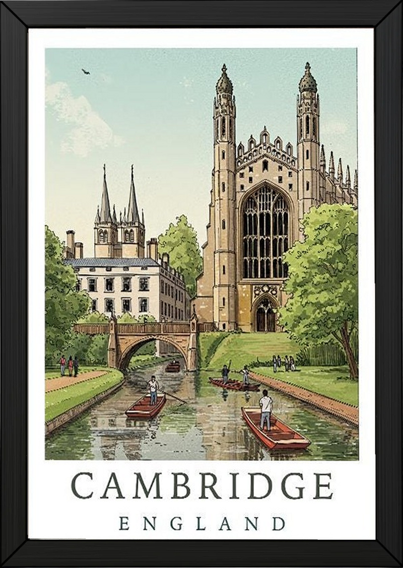 Cambridge England Travel Poster — King's College Punting River Cam Print