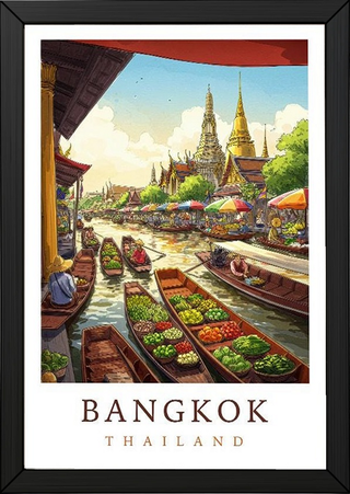 Bangkok Thailand Travel Poster — Floating Market Wat Arun Print