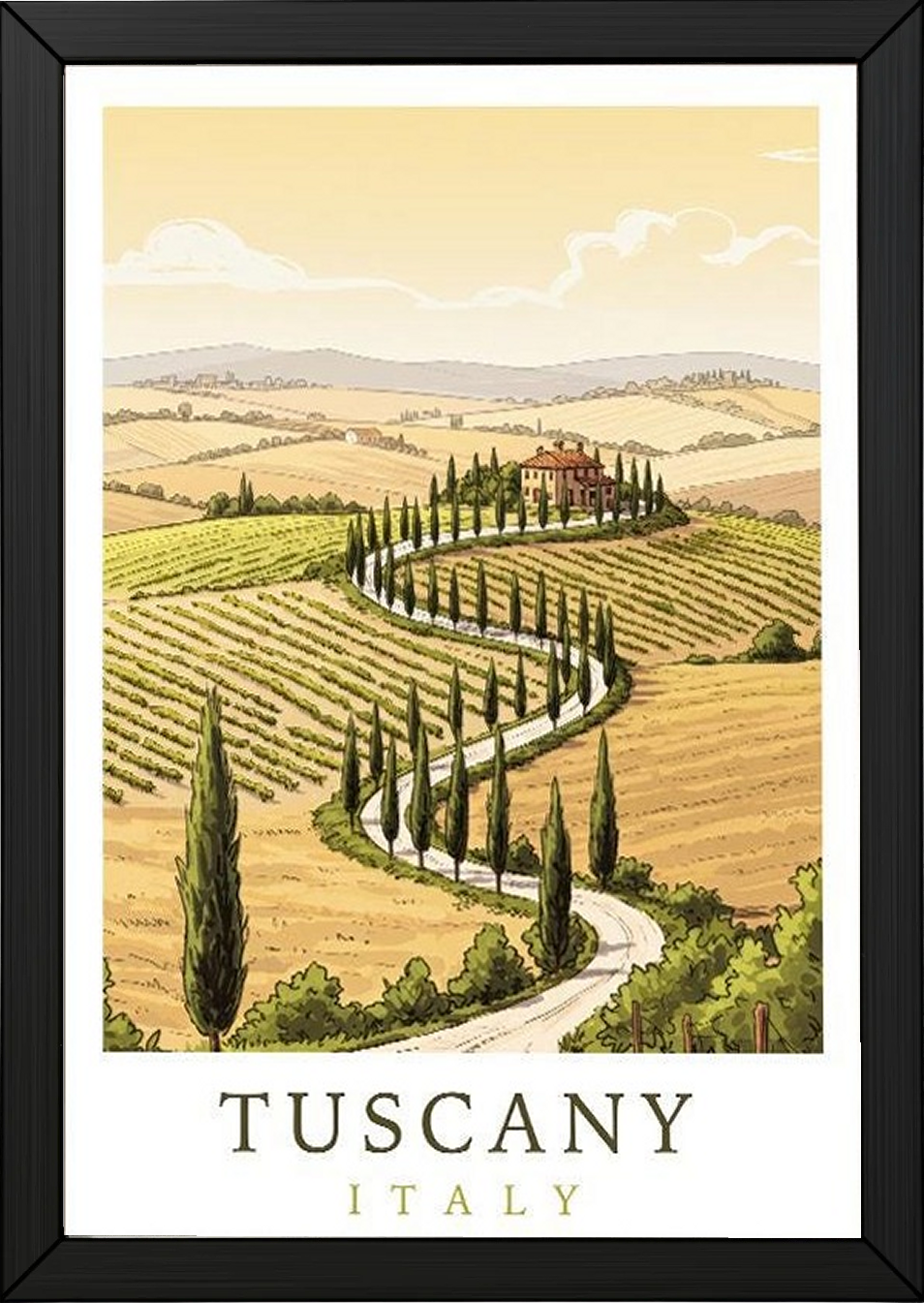 Tuscany Italy Travel Poster — Rolling Hills Cypress Vineyards Print