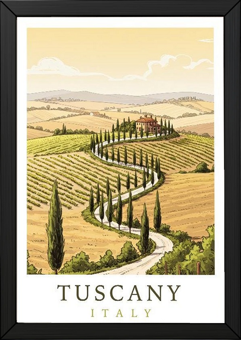 Tuscany Italy Travel Poster — Rolling Hills Cypress Vineyards Print