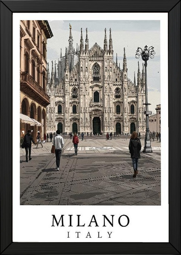 Milano Italy Travel Poster — Duomo Piazza Daytime Cityscape Print