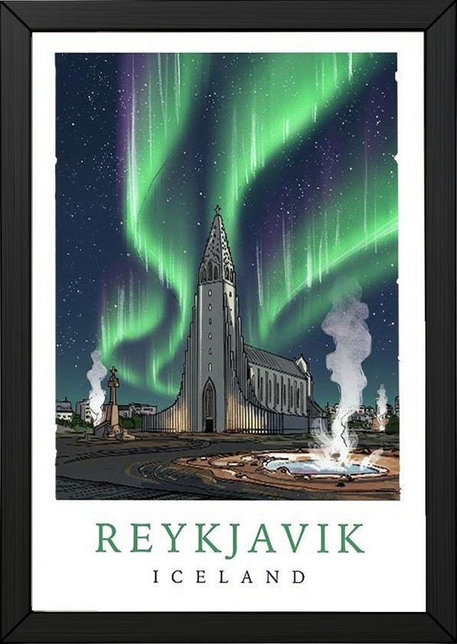 Reykjavik Iceland Travel Poster — Hallgrímskirkja Northern Lights Print