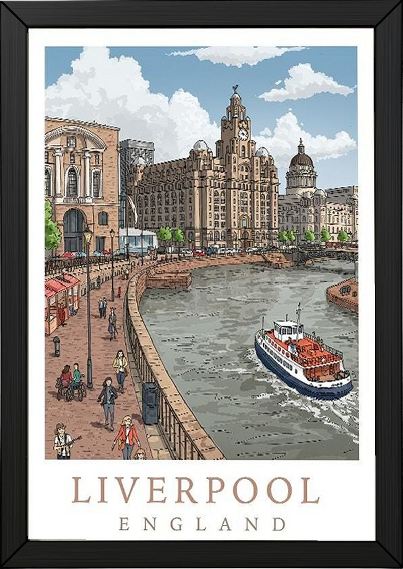 Liverpool England Travel Poster — Pier Head Liver Building Waterfront Print