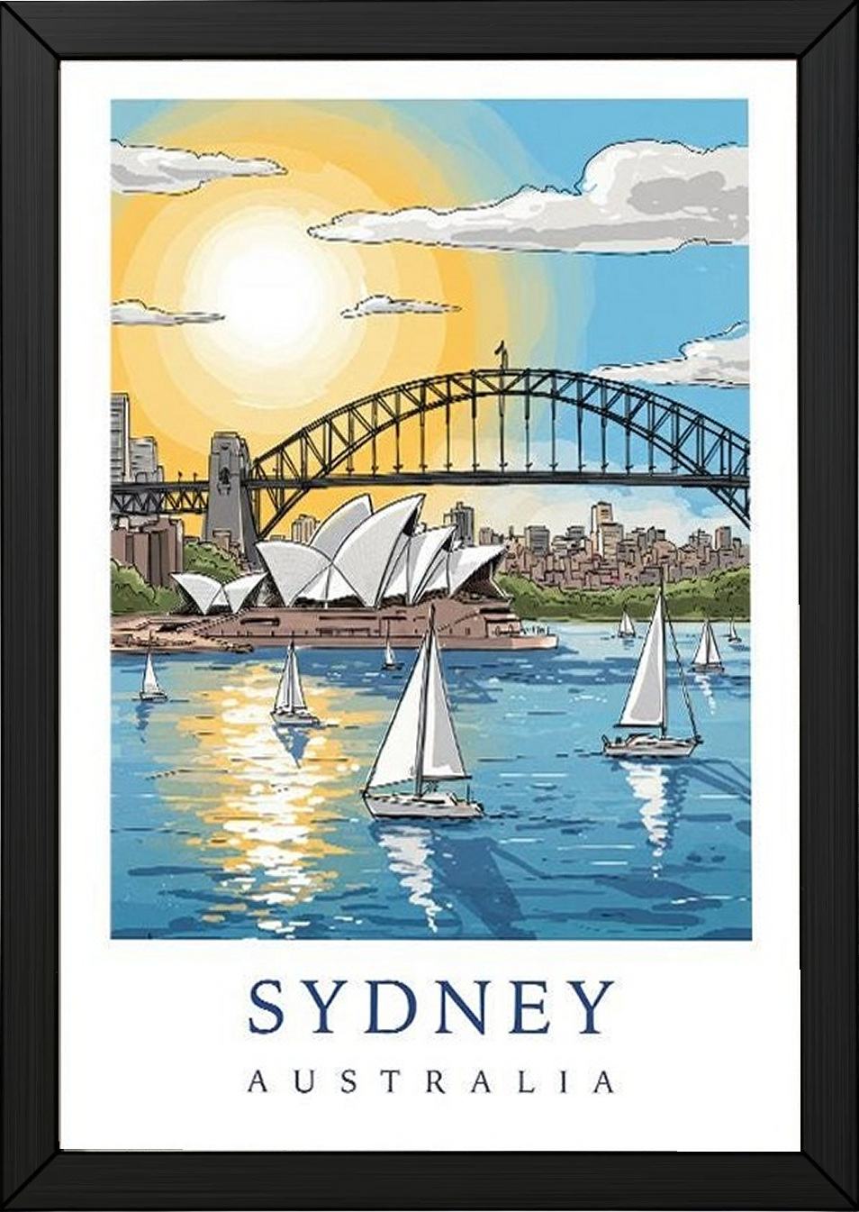 Sydney Australia Travel Poster — Opera House Harbour Bridge Sailboat Print