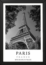 Paris Eiffel Tower Poster — Black and White France Coordinates Print