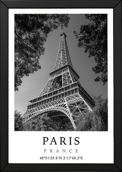 Paris Eiffel Tower Poster — Black and White France Coordinates Print