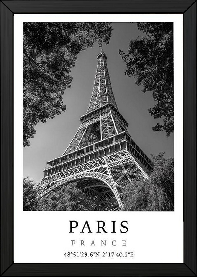 Paris Eiffel Tower Poster — Black and White France Coordinates Print