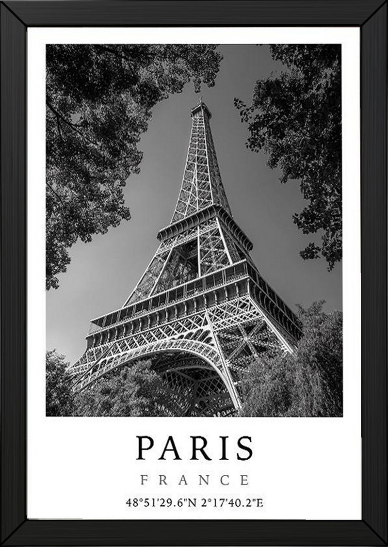 Paris Eiffel Tower Poster — Black and White France Coordinates Print