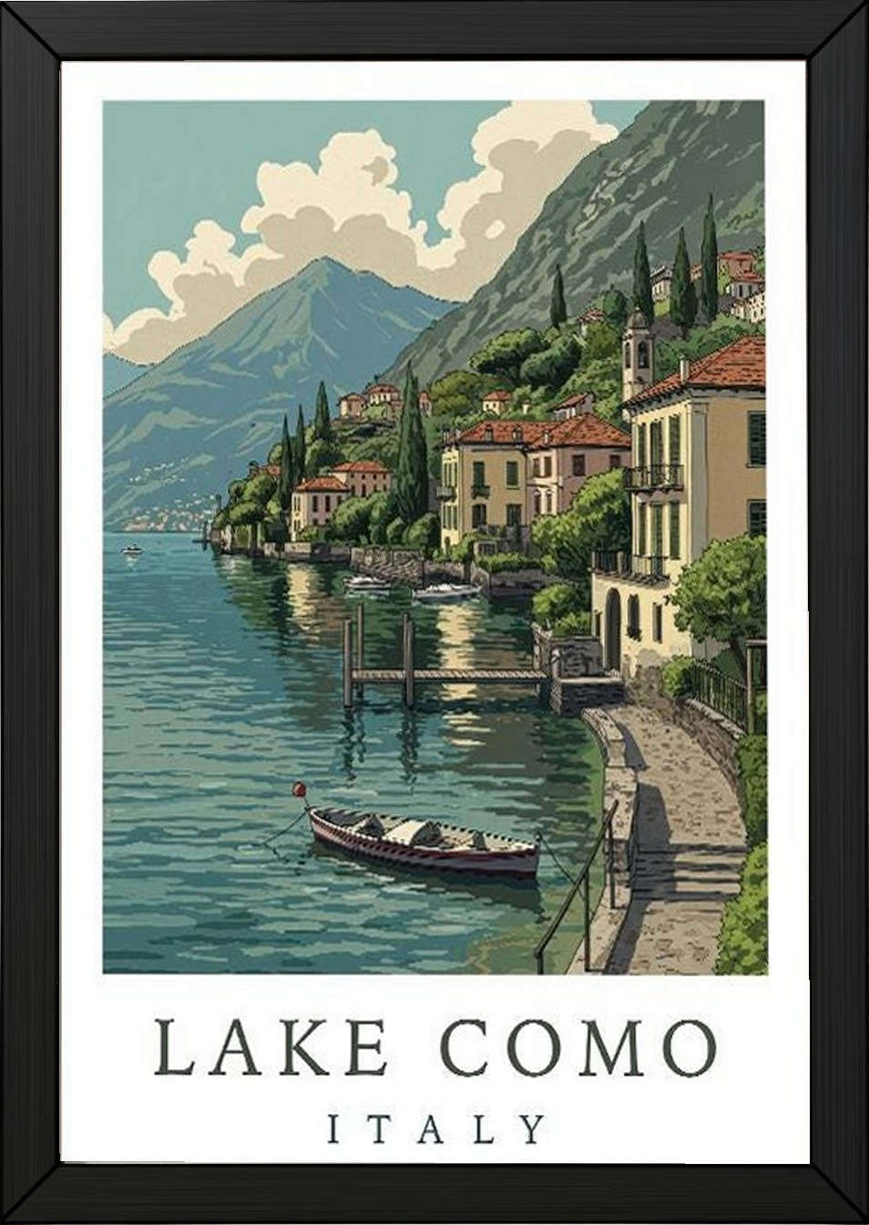 Lake Como Italy Travel Poster — Lakeside Village Boat Landscape Print