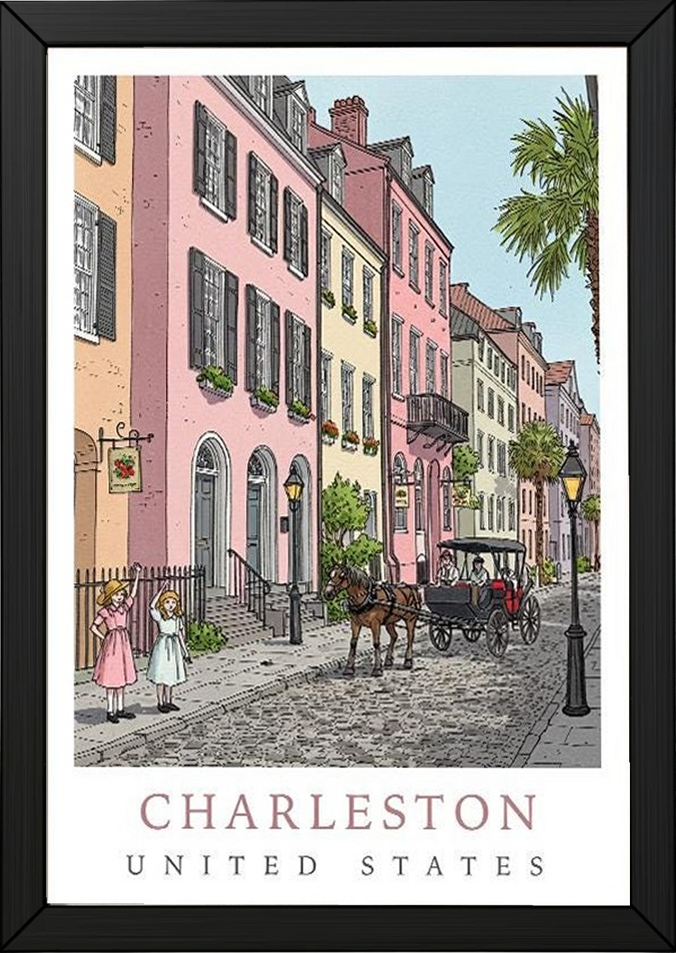 Charleston SC Travel Poster — Rainbow Row Carriage Ride Pastel Print