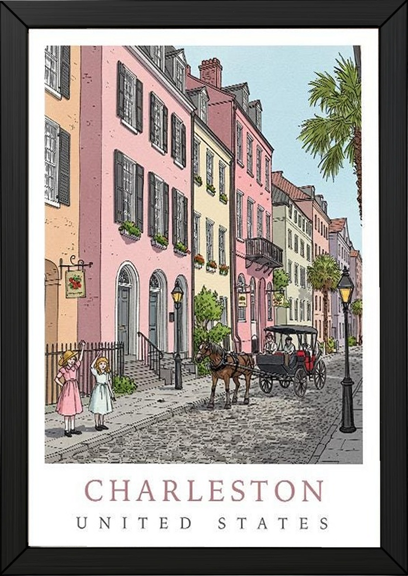 Charleston SC Travel Poster — Rainbow Row Carriage Ride Pastel Print