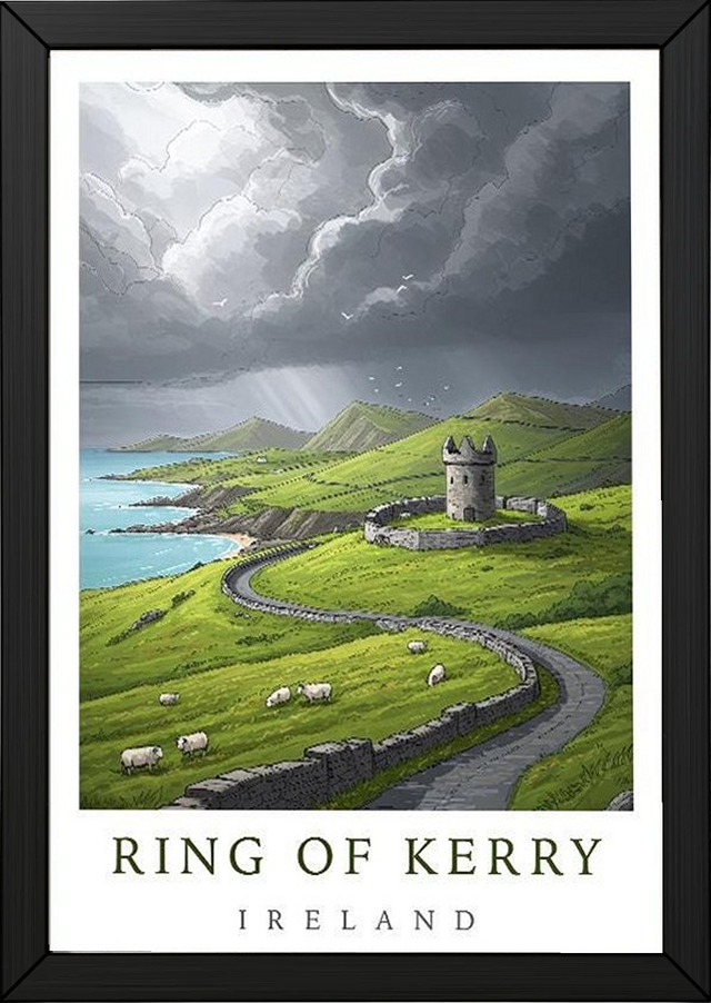 Ring of Kerry Ireland Travel Poster — Coastal Castle Sheep Stone Wall Print