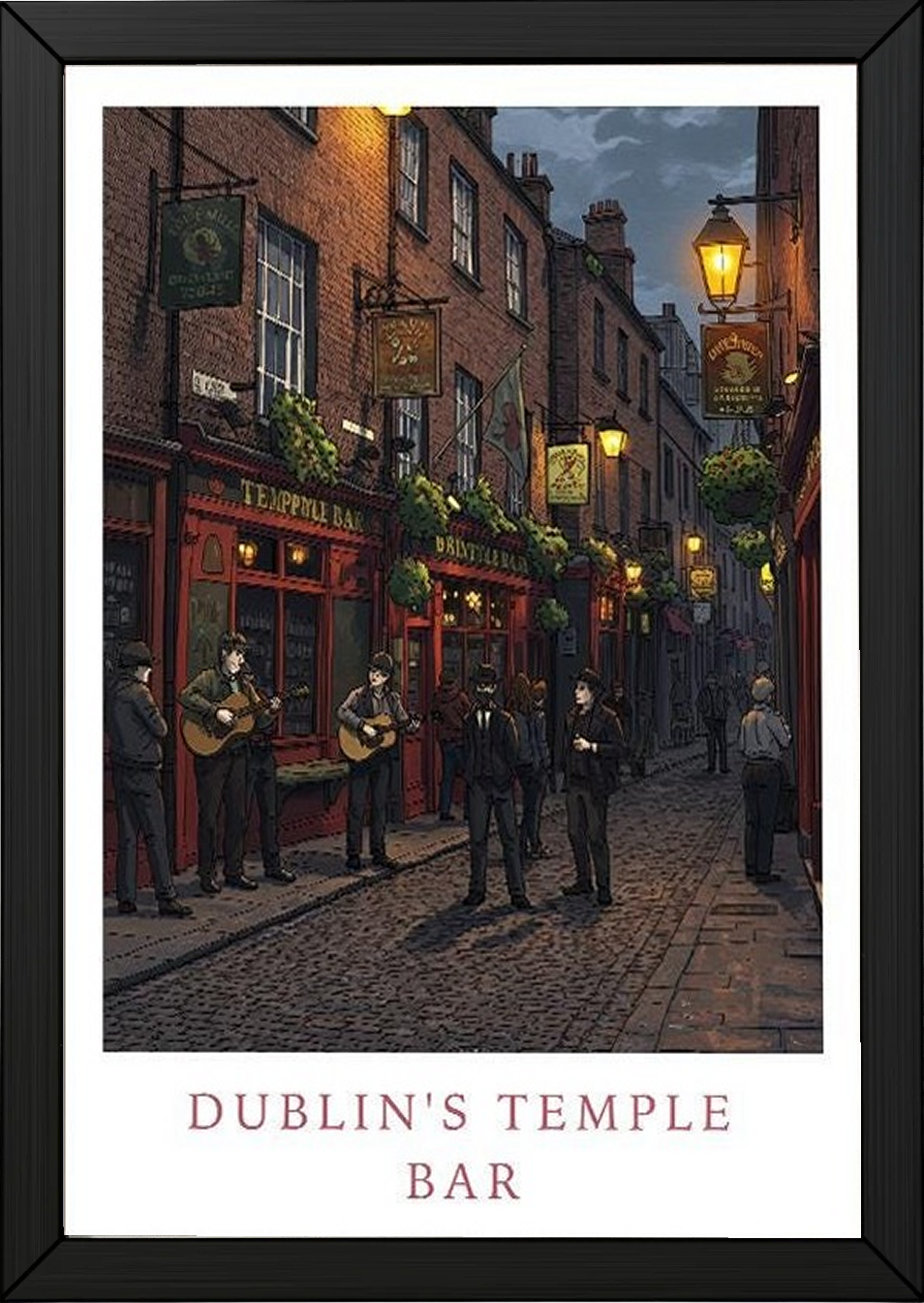 Dublin Ireland Travel Poster — Temple Bar Irish Pub Buskers Night Print