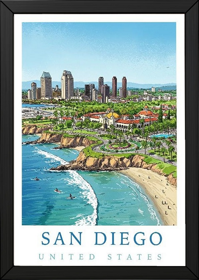 San Diego Travel Poster — Coastal Skyline Cabrillo Beach Print