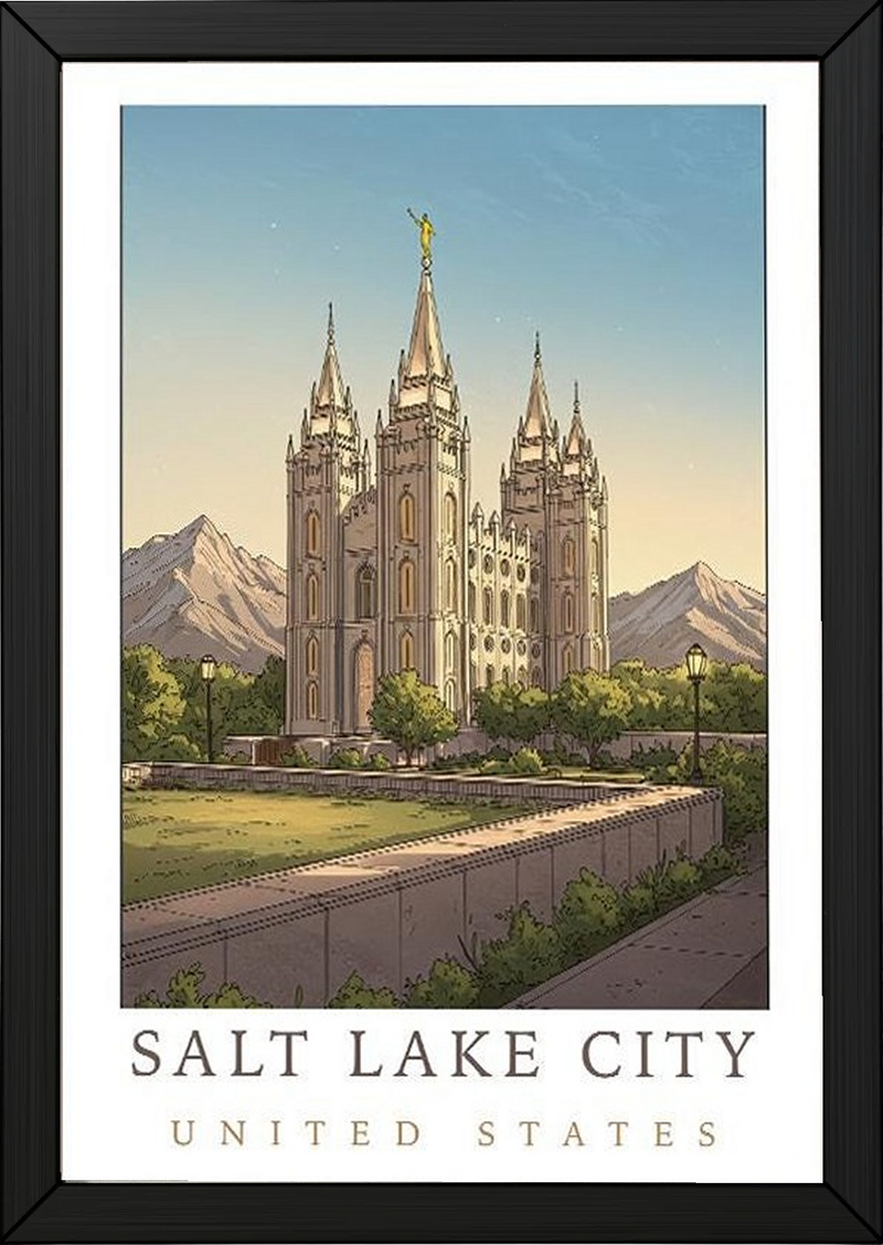 Salt Lake City Utah Travel Poster — Temple Square Wasatch Mountains Print