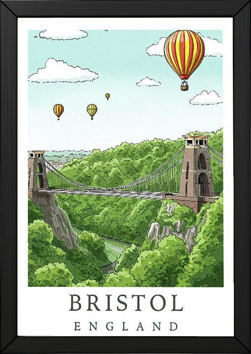Bristol England Travel Poster — Clifton Bridge Hot Air Balloon Print