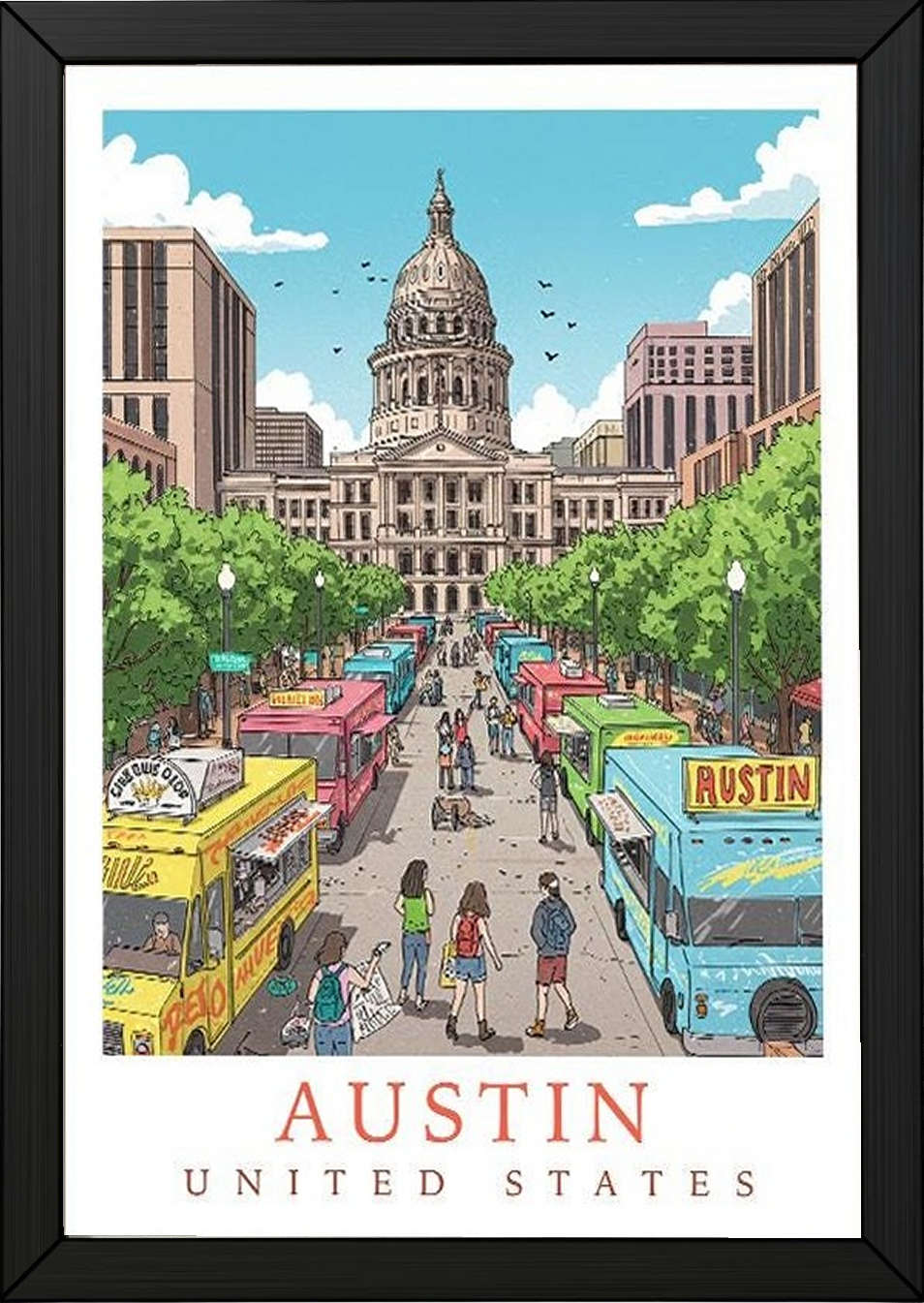Austin Texas Travel Poster — State Capitol Food Truck Congress Print