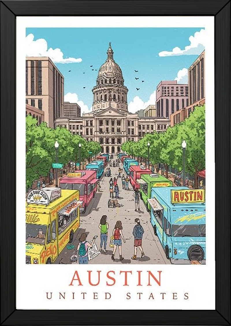 Austin Texas Travel Poster — State Capitol Food Truck Congress Print