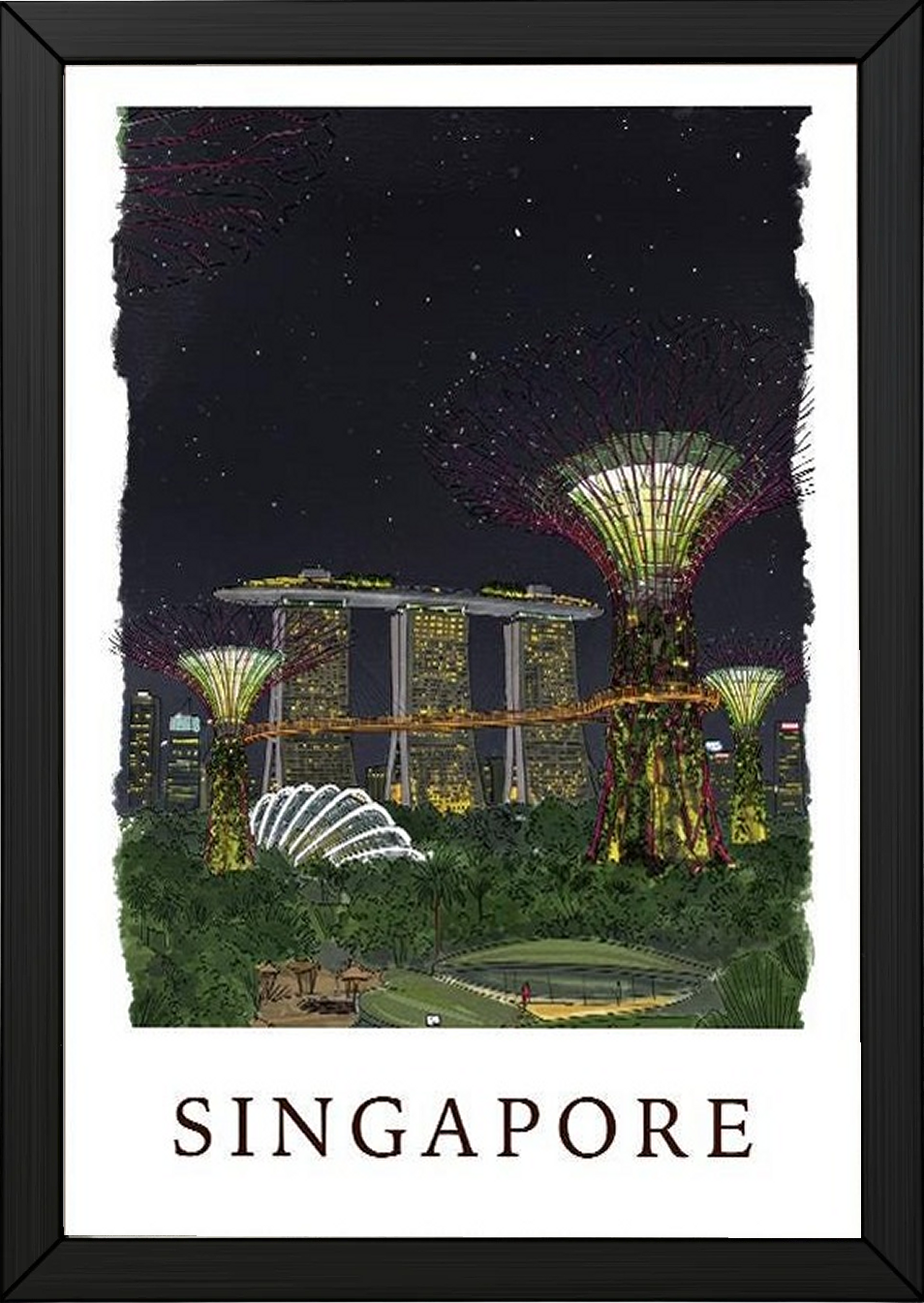 Singapore Travel Poster — Gardens by the Bay Marina Night Print