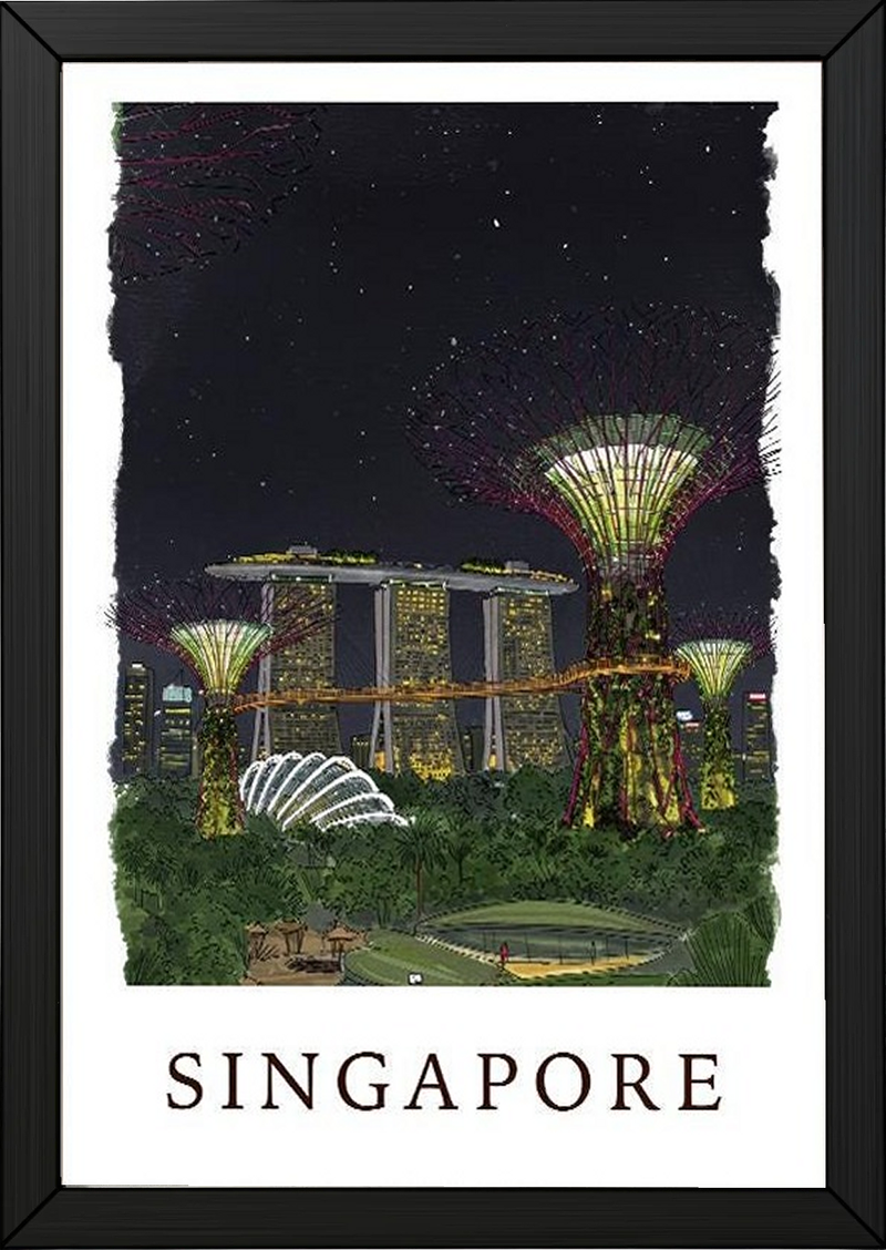 Singapore Travel Poster — Gardens by the Bay Marina Night Print