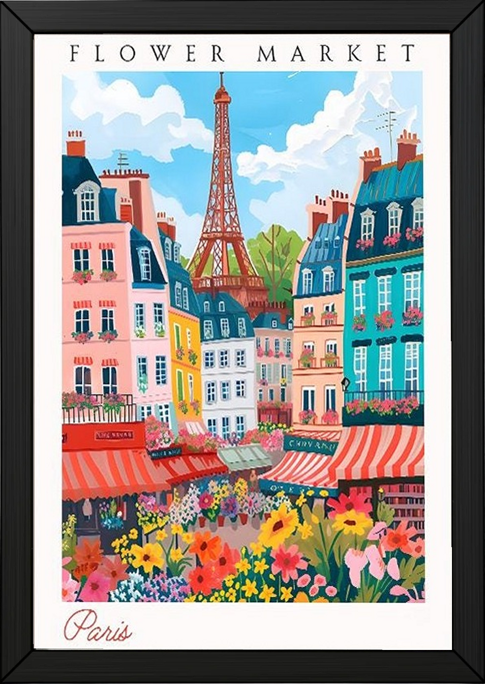 Paris Flower Market Print — Eiffel Tower Cityscape French Botanical Art
