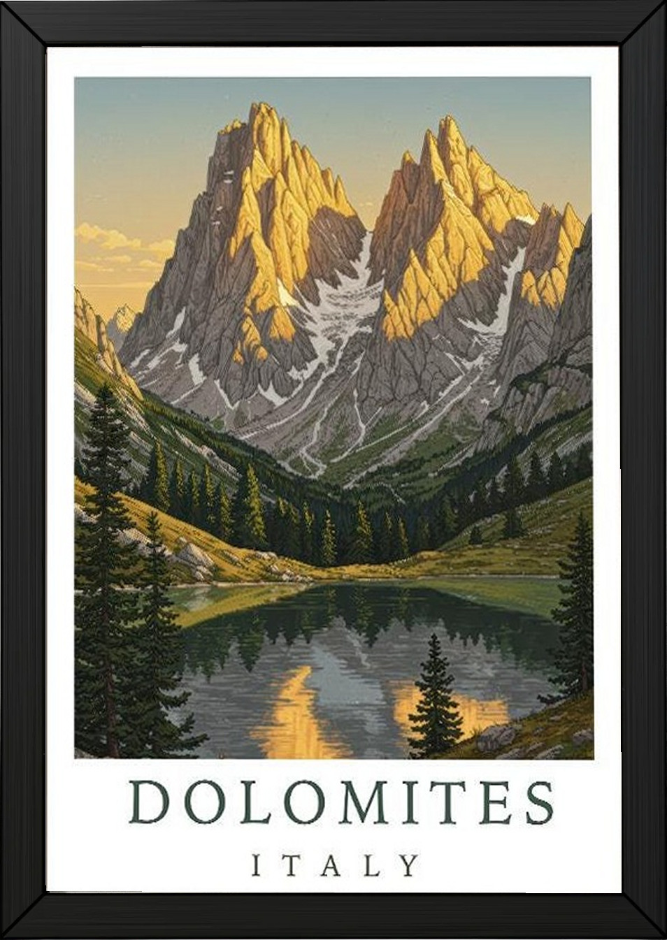 Dolomites Italy Travel Poster — Vintage Alpine Mountain Lake Print