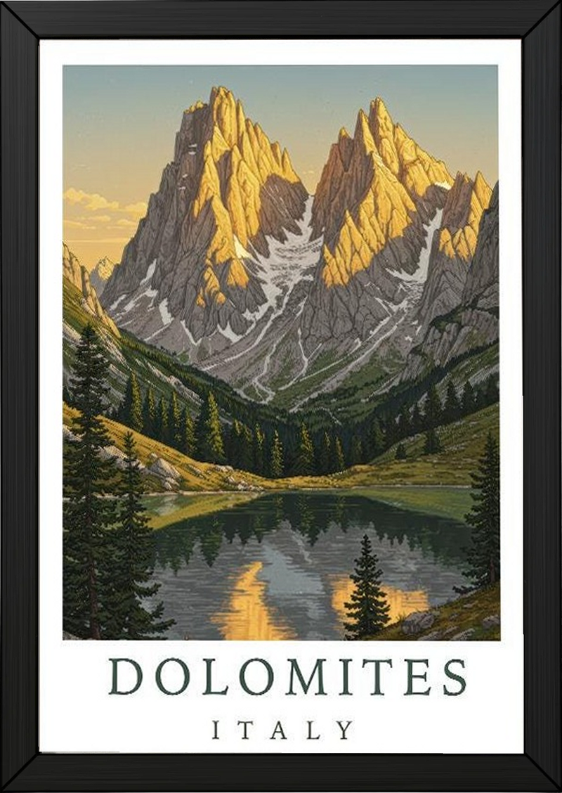 Dolomites Italy Travel Poster — Vintage Alpine Mountain Lake Print