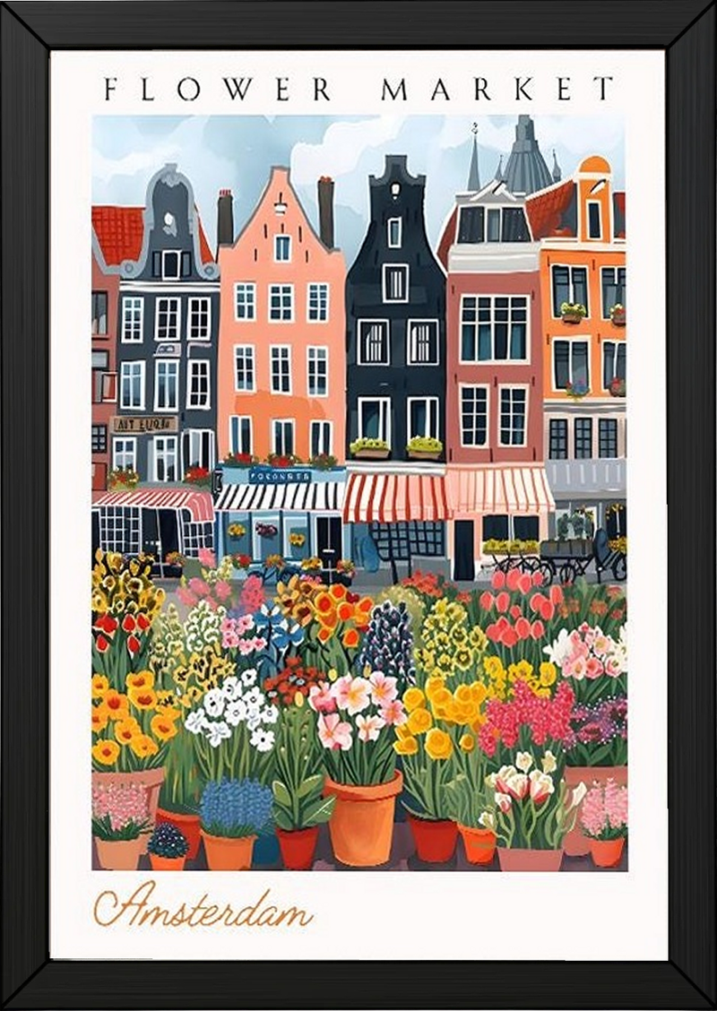 Amsterdam Flower Market Print — Canal Houses Tulip Cityscape Art
