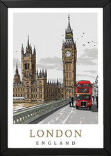 London Travel Poster — Big Ben Houses of Parliament Red Bus Print