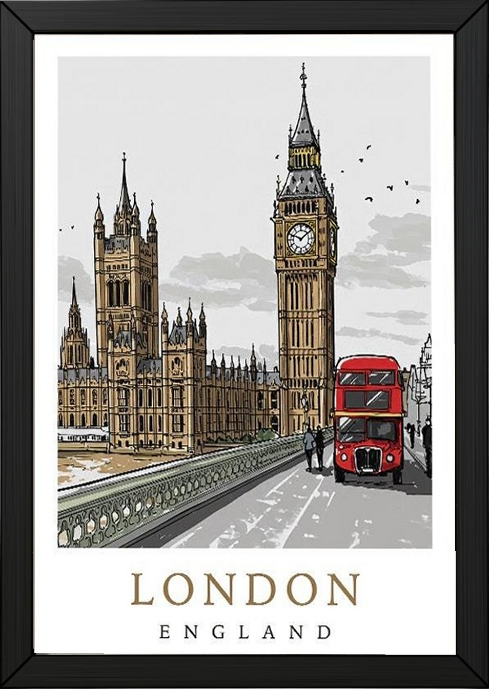 London Travel Poster — Big Ben Houses of Parliament Red Bus Print