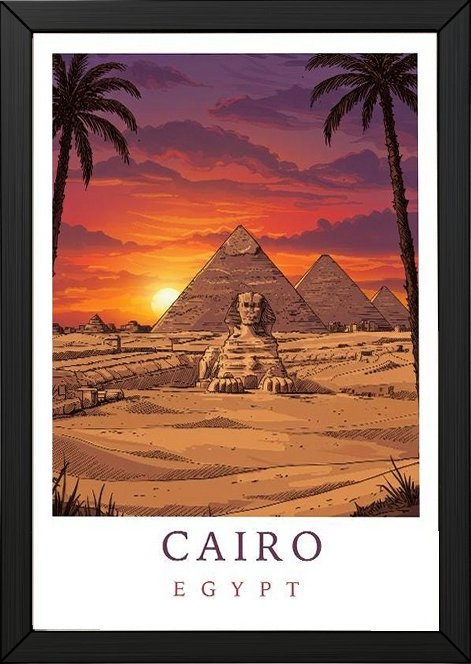 Cairo Egypt Travel Poster — Pyramids Sphinx Sunset Wall Art Print